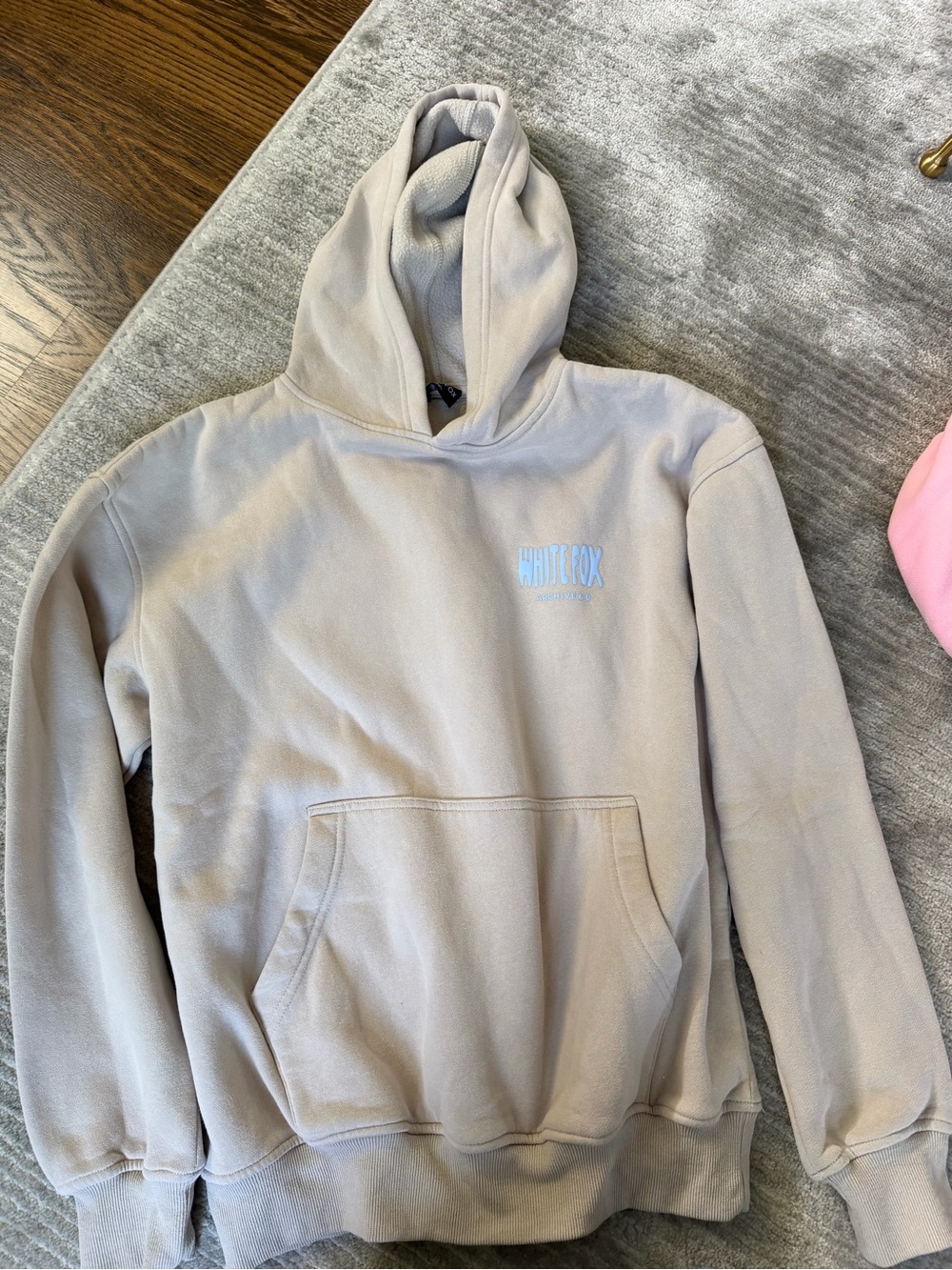 White Fox Boutique Beige Pullover Hoodie with Blue Logo
